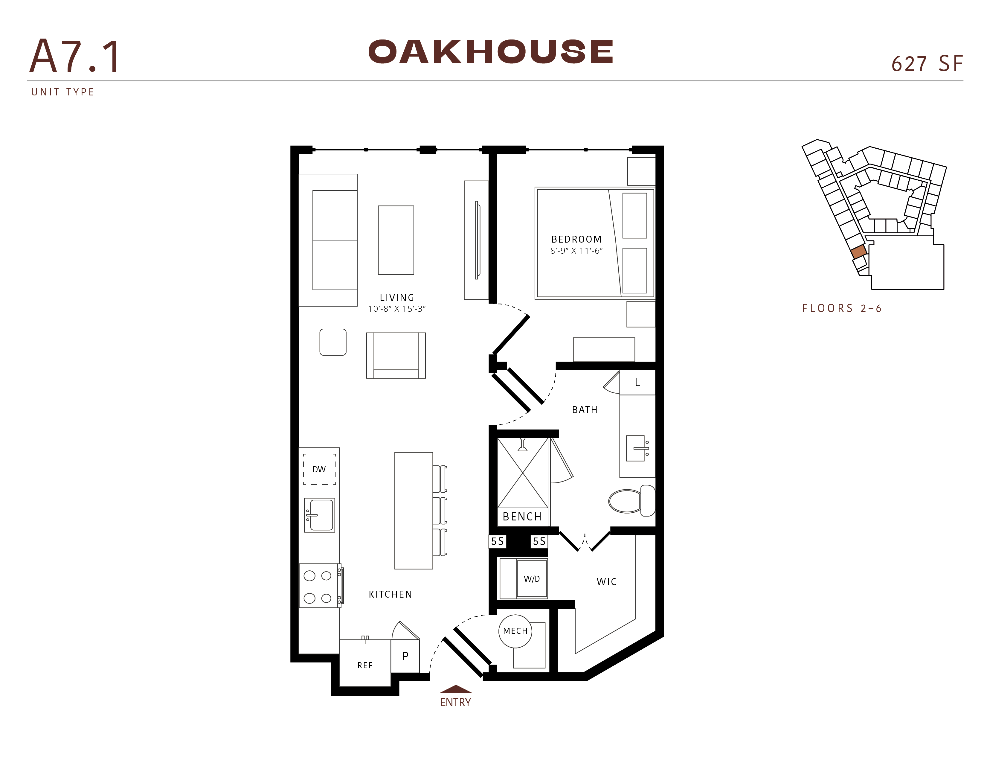 Floor plan for 1 bed, 1 bath, 627 sqft